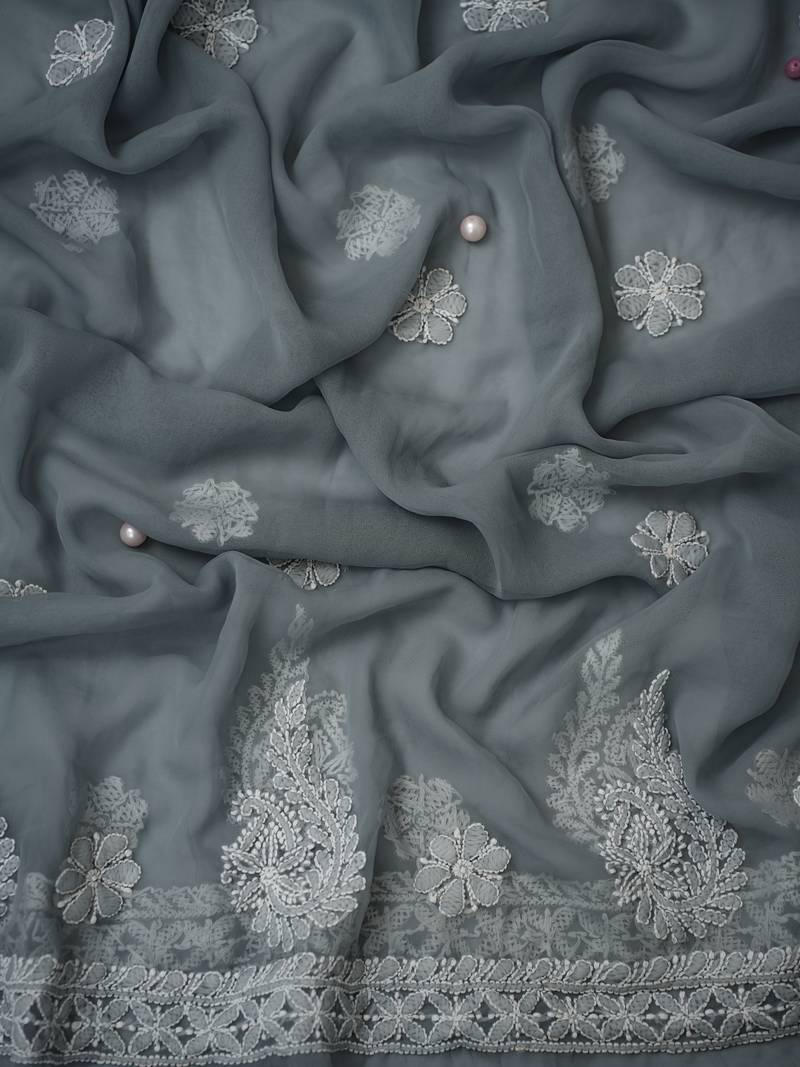 hand embroidered grey georgette lucknowi chikankari unstitched suit piece 