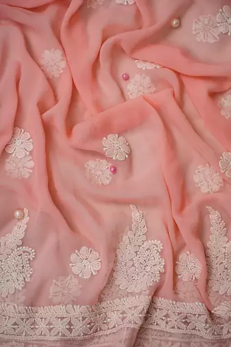 hand embroidered peach georgette lucknowi chikankari unstitched suit piece 