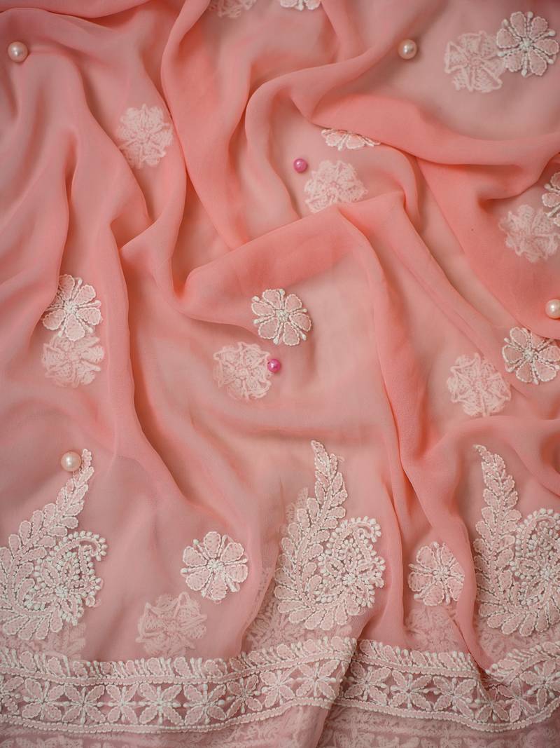 hand embroidered peach georgette lucknowi chikankari unstitched suit piece 