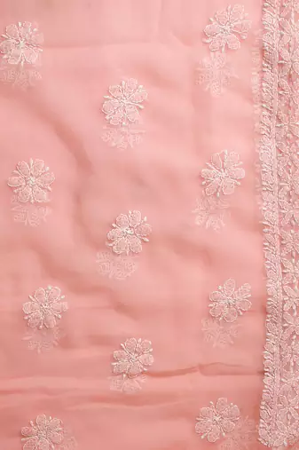 hand embroidered peach georgette lucknowi chikankari unstitched suit piece 