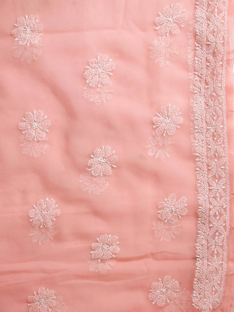 hand embroidered peach georgette lucknowi chikankari unstitched suit piece 