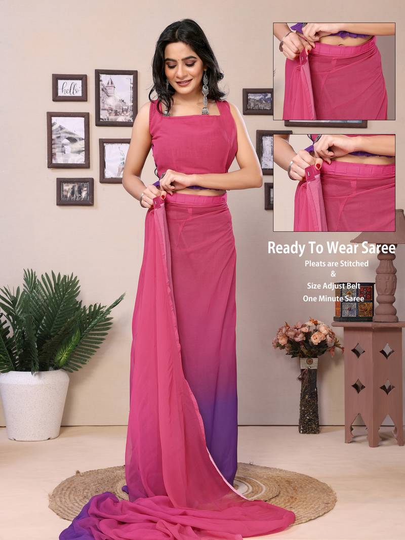 Ready To Wear Hot Pink Fancy Gerogette Padding Saree With Blouse