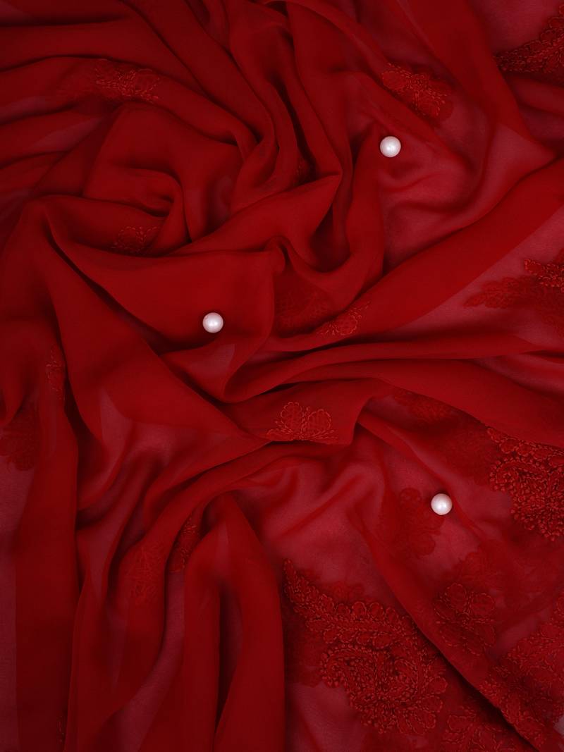 hand embroidered scarlet red georgette lucknowi chikankari unstitched suit piece 