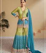 Light Green And Aqua Blue Chinon Embroidered Digital Print Readymade Salwar Kameez