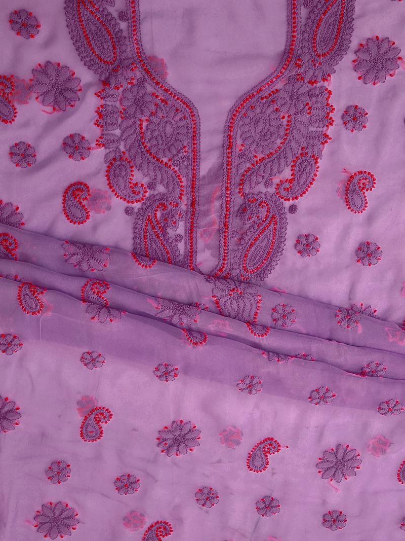 hand embroidered lavender georgette lucknowi chikankari unstitched suit piece 
