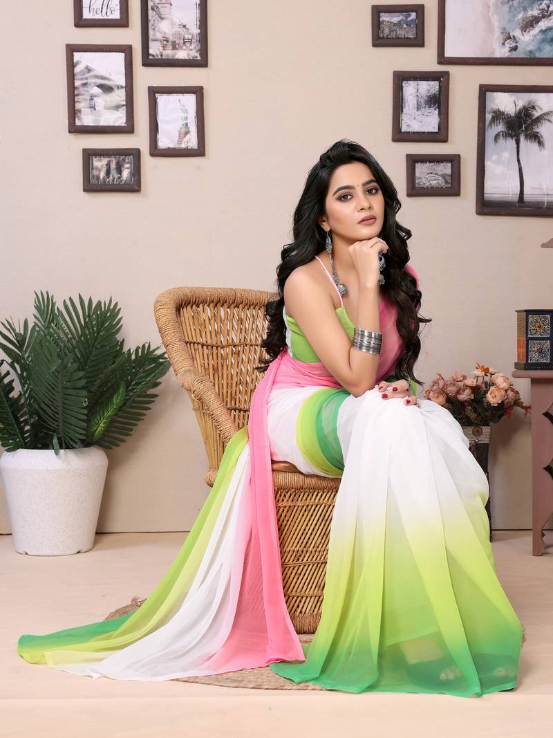 Ready To Wear White Fancy Gerogette Padding Saree With Blouse