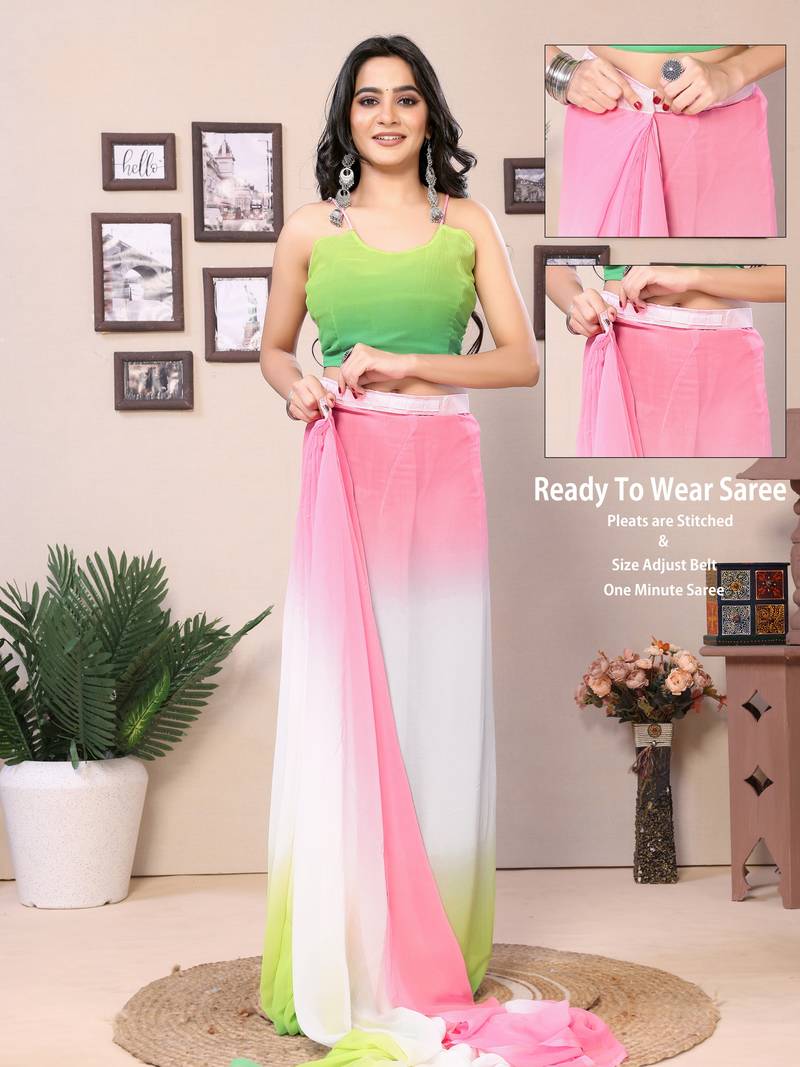 Ready To Wear White Fancy Gerogette Padding Saree With Blouse