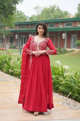 RED FAUX BLOOMING GEORGETTE WITH RICH SEQUINS MULTI EMBROIDERED GOWN WITH DUPATTA 1