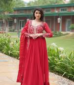 RED FAUX BLOOMING GEORGETTE WITH RICH SEQUINS MULTI EMBROIDERED GOWN WITH DUPATTA