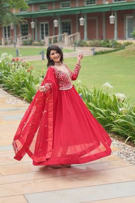 RED FAUX BLOOMING GEORGETTE WITH RICH SEQUINS MULTI EMBROIDERED GOWN WITH DUPATTA 3