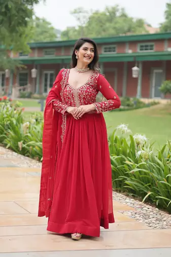 RED FAUX BLOOMING GEORGETTE WITH RICH SEQUINS MULTI EMBROIDERED GOWN WITH DUPATTA