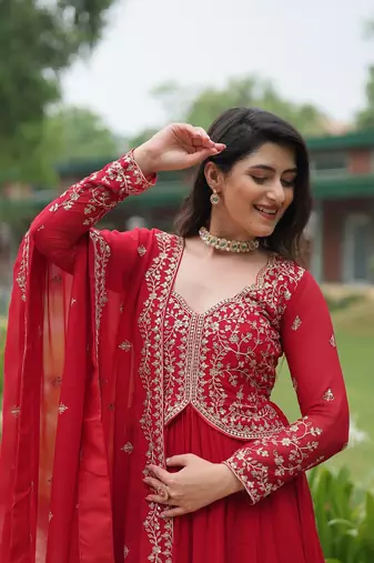 RED FAUX BLOOMING GEORGETTE WITH RICH SEQUINS MULTI EMBROIDERED GOWN WITH DUPATTA