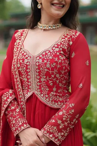 RED FAUX BLOOMING GEORGETTE WITH RICH SEQUINS MULTI EMBROIDERED GOWN WITH DUPATTA