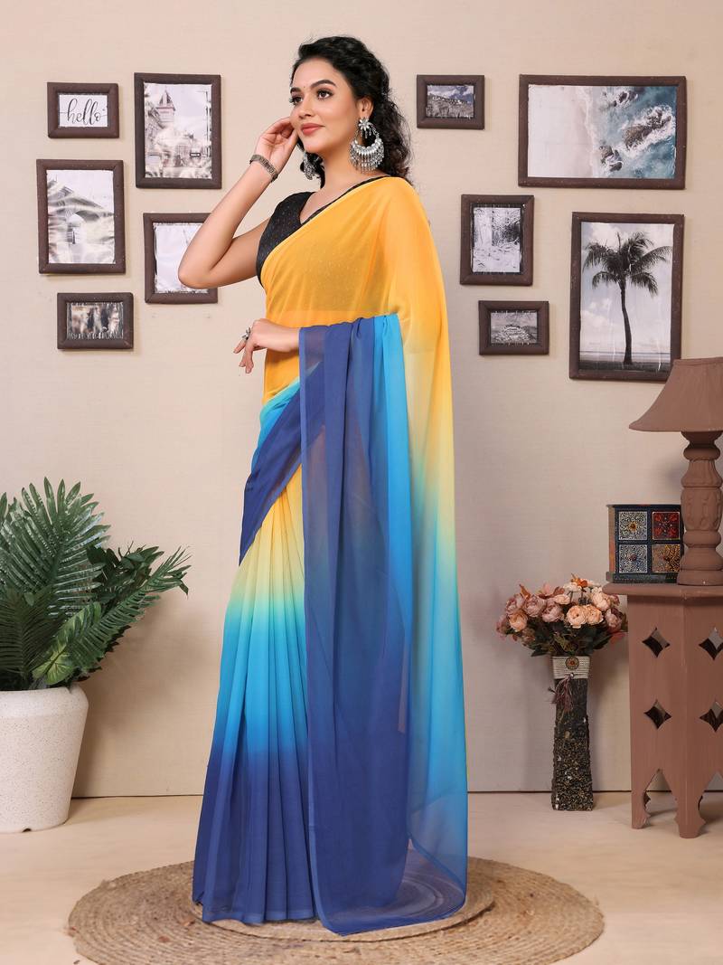 Ready To Wear Yellow Fancy Gerogette Padding Saree With Blouse