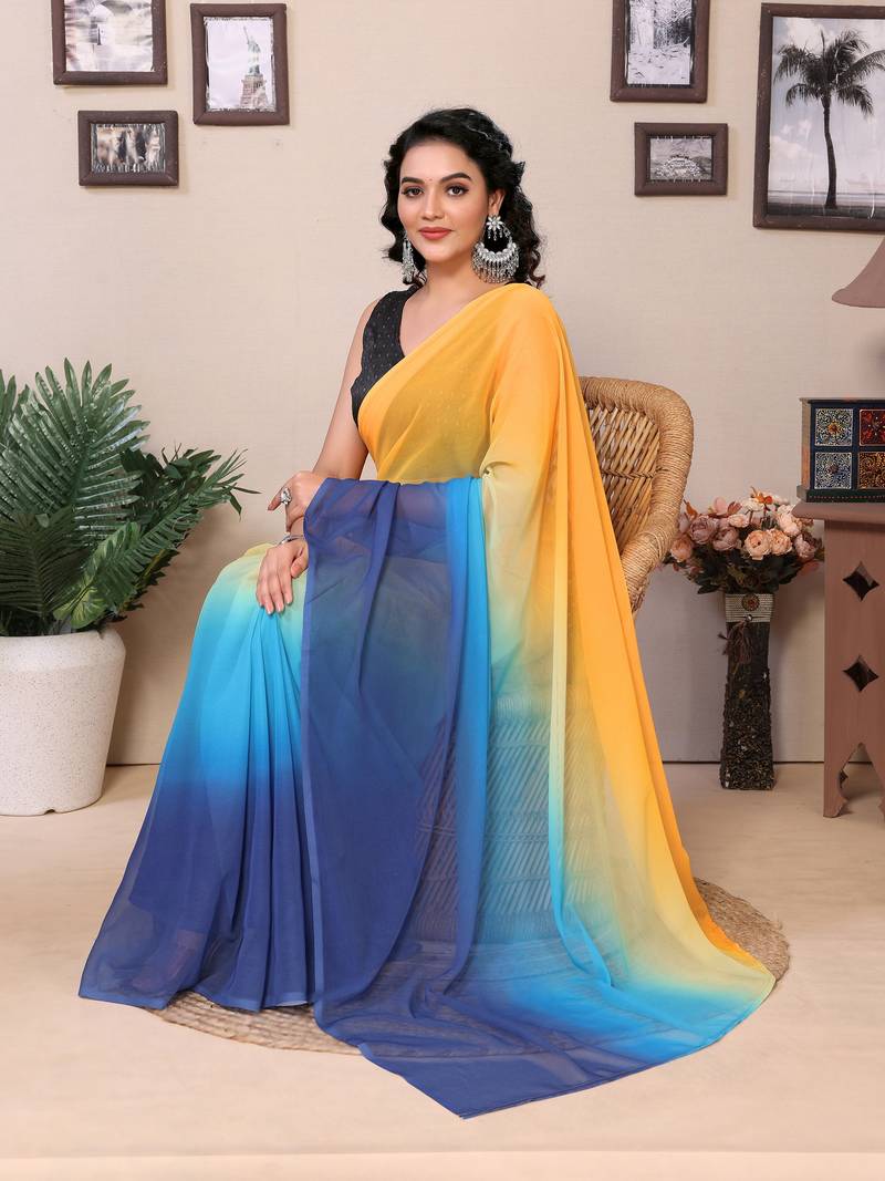 Ready To Wear Yellow Fancy Gerogette Padding Saree With Blouse