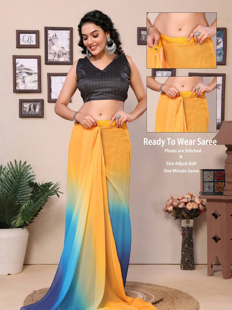 Ready To Wear Yellow Fancy Gerogette Padding Saree With Blouse
