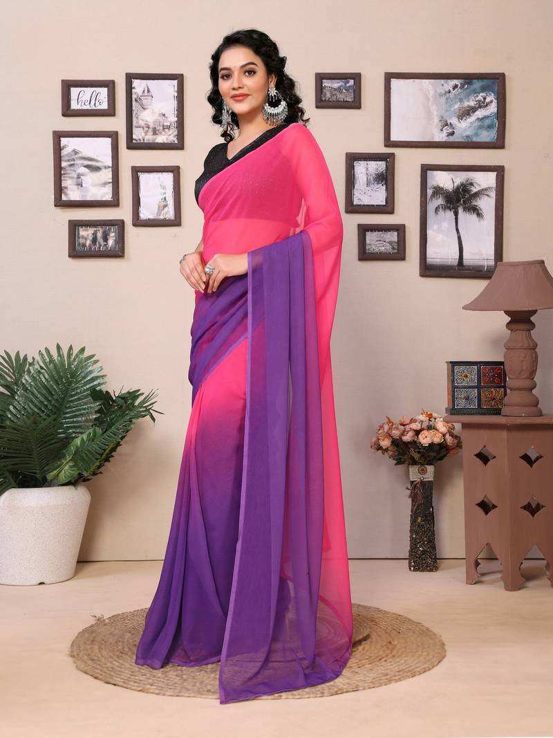 Ready To Wear Pink Fancy Gerogette Padding Saree With Blouse