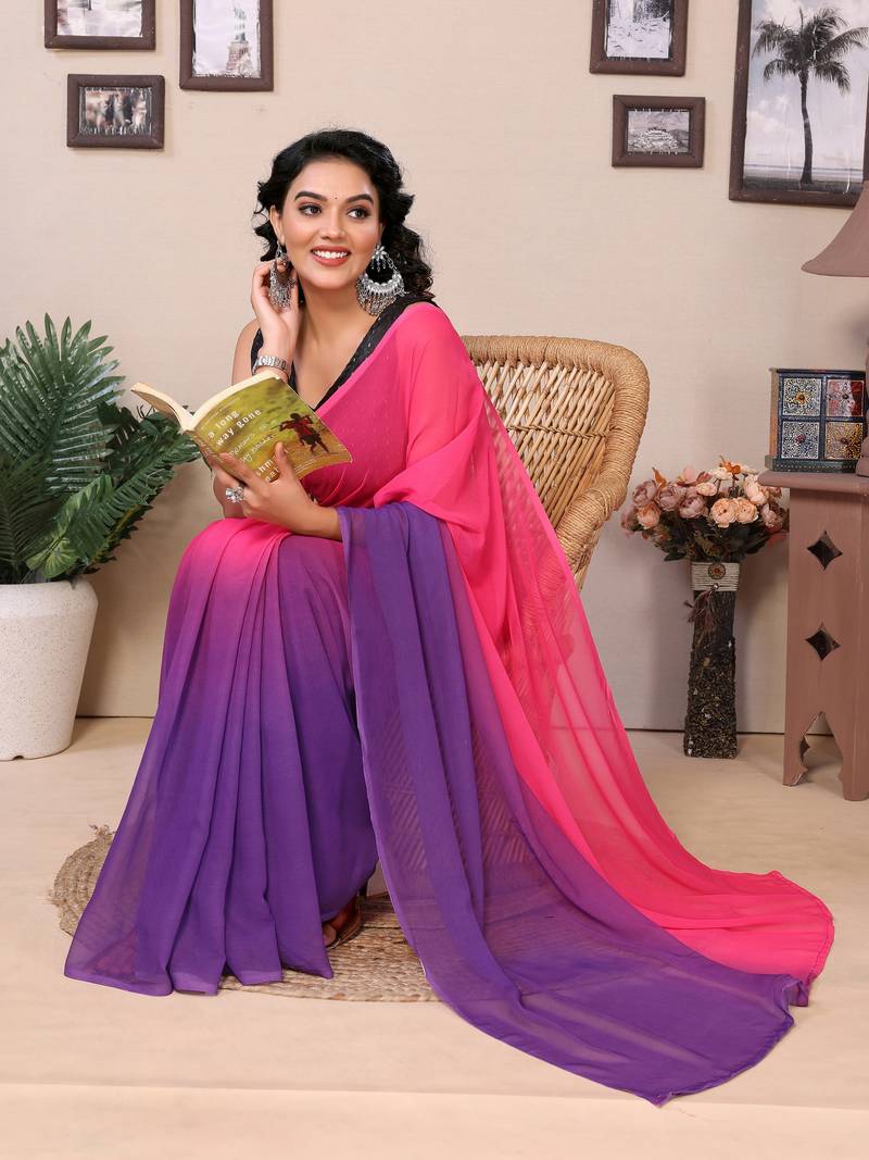 Ready To Wear Pink Fancy Gerogette Padding Saree With Blouse