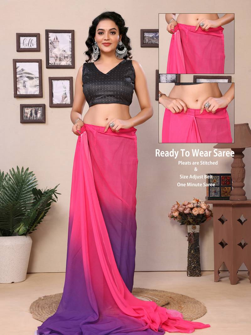 Ready To Wear Pink Fancy Gerogette Padding Saree With Blouse