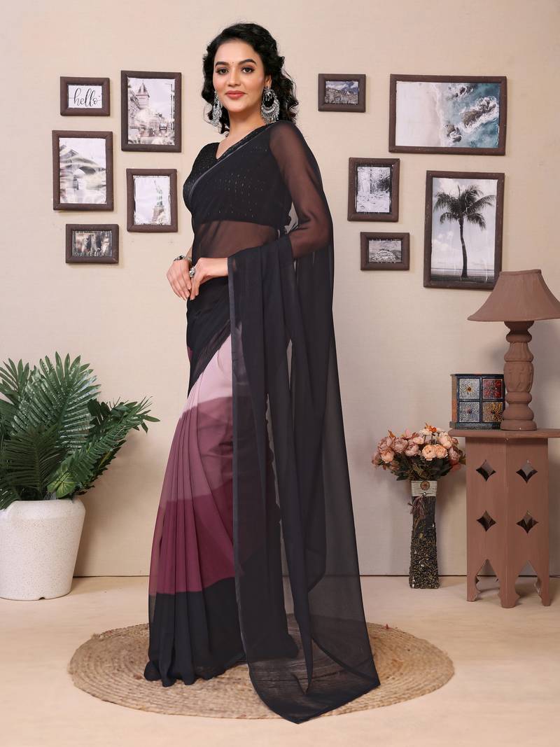Ready To Wear Black Fancy Gerogette Padding Saree With Blouse