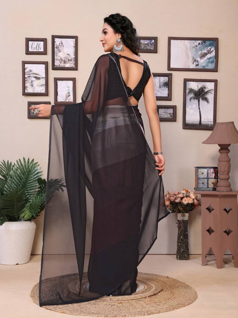 Ready To Wear Black Fancy Gerogette Padding Saree With Blouse
