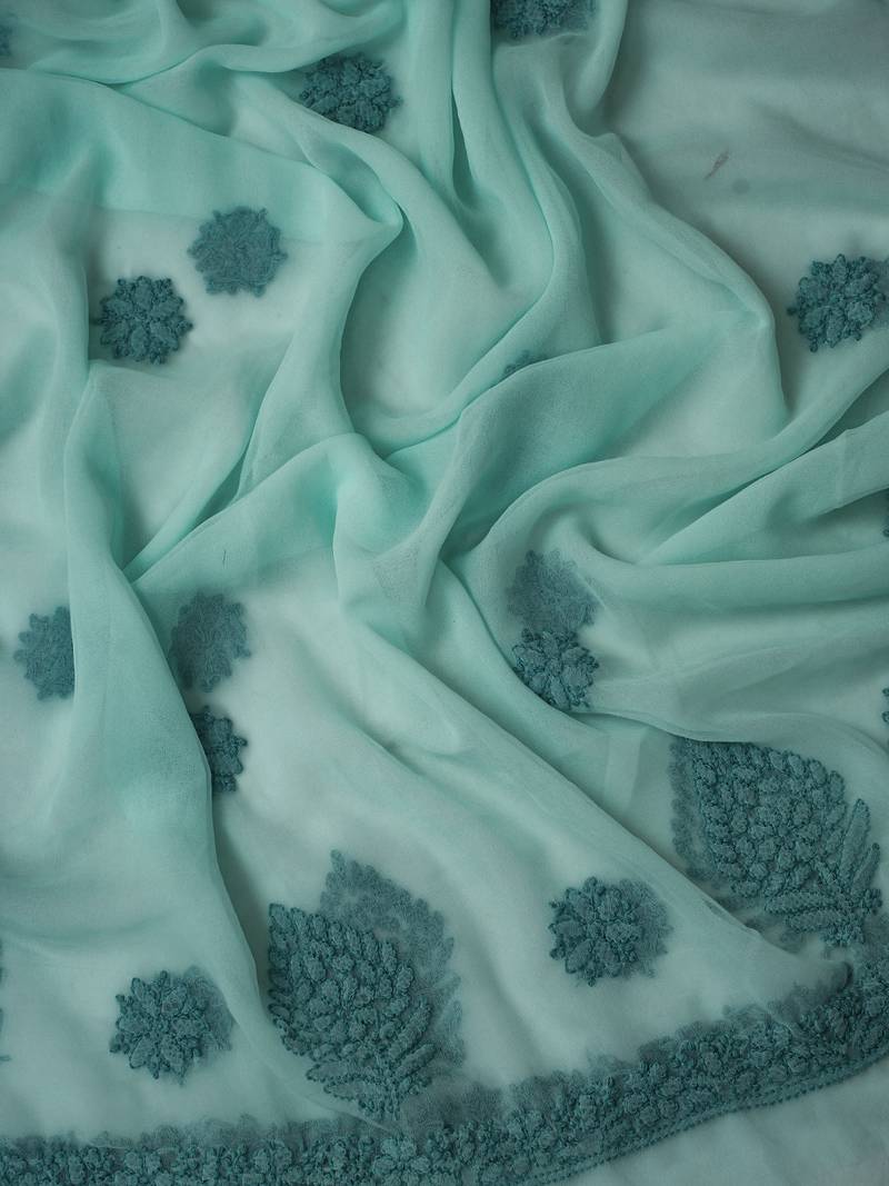 hand embroidered sea green georgette lucknowi chikankari unstitched suit piece 