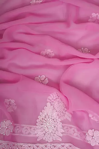 hand embroidered pink georgette lucknowi chikankari unstitched suit piece