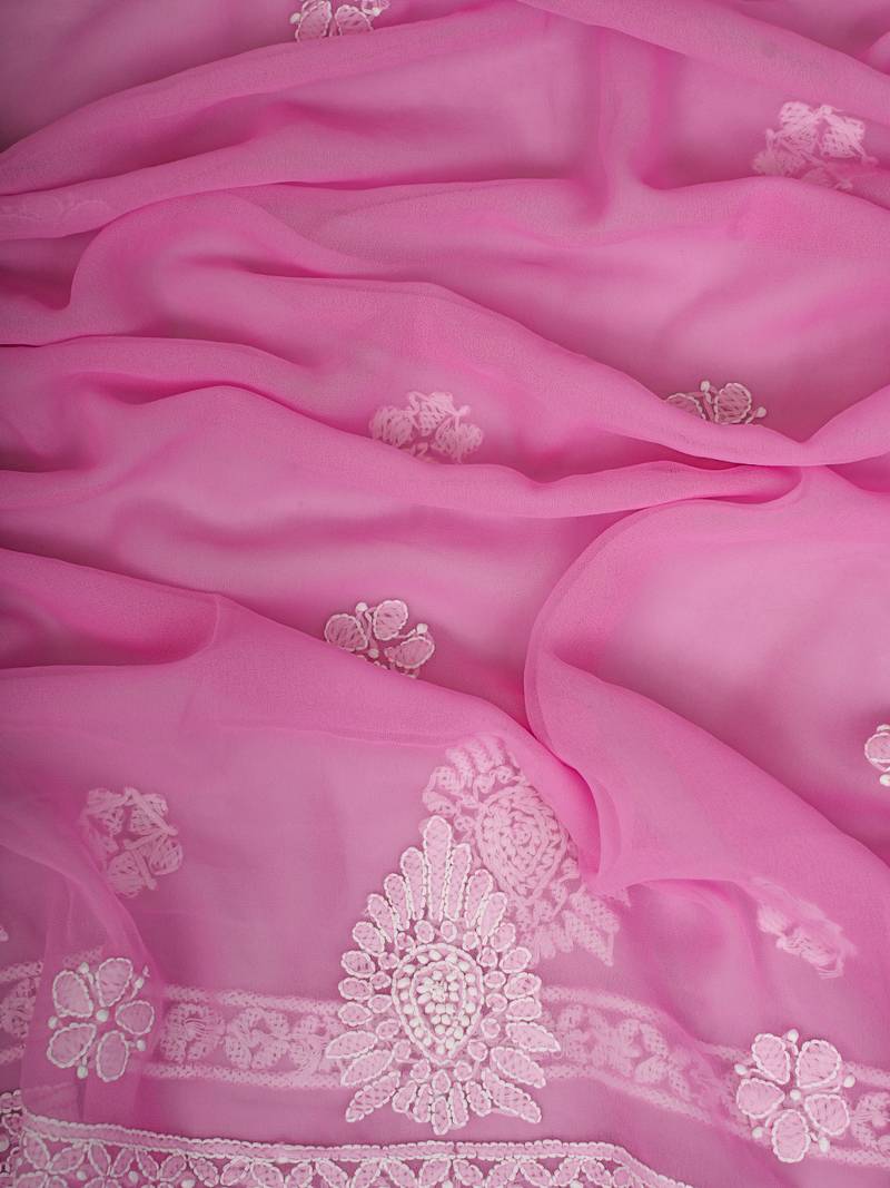 hand embroidered pink georgette lucknowi chikankari unstitched suit piece