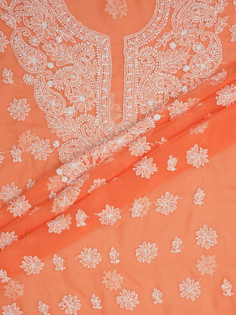 hand embroidered orange georgette lucknowi chikankari unstitched suit piece 