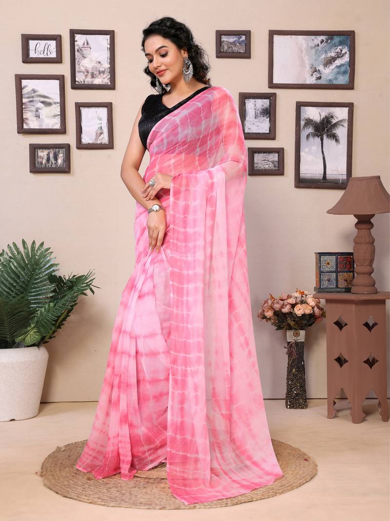 Ready To Wear Pink Fancy Georgette Sibori Print Saree With Blouse