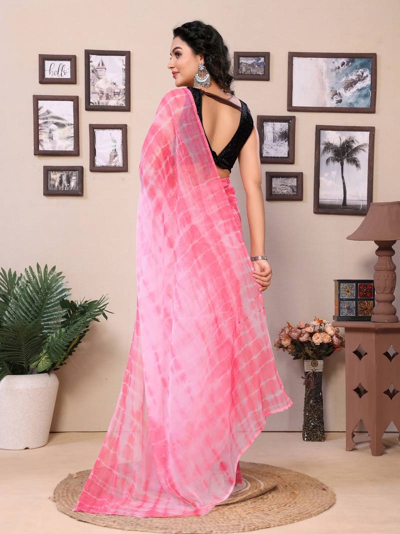 Ready To Wear Pink Fancy Georgette Sibori Print Saree With Blouse