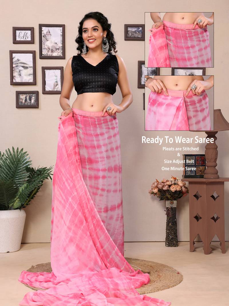 Ready To Wear Pink Fancy Georgette Sibori Print Saree With Blouse