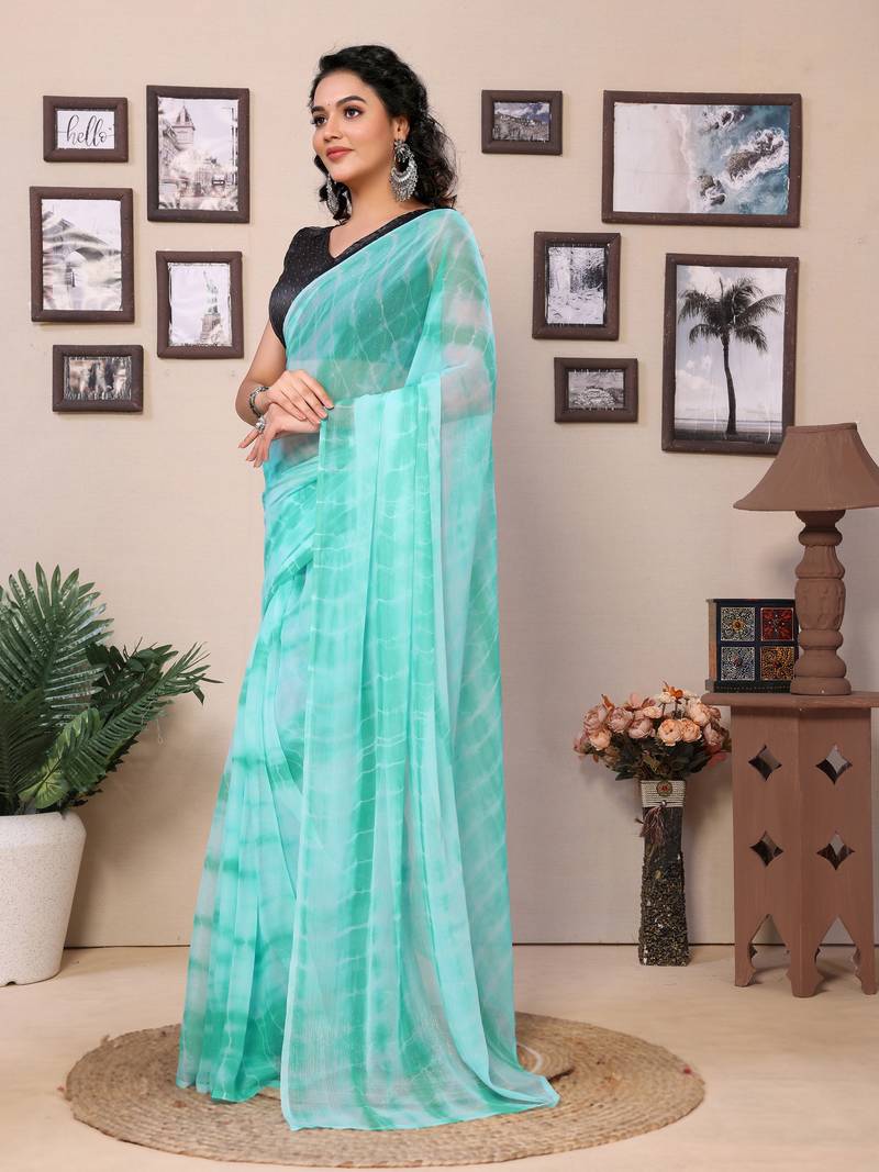 Ready To Wear Teal Fancy Georgette Sibori Print Saree With Blouse