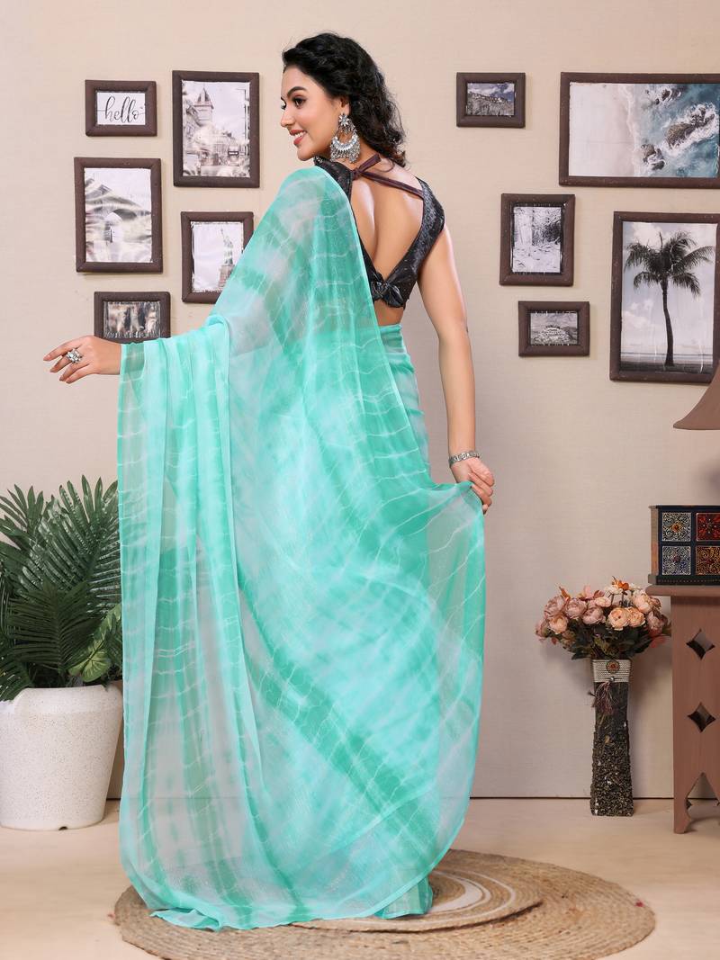 Ready To Wear Teal Fancy Georgette Sibori Print Saree With Blouse