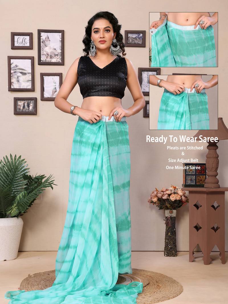 Ready To Wear Teal Fancy Georgette Sibori Print Saree With Blouse