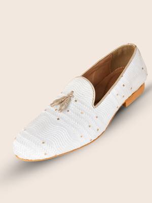 Tanny shoes men's fabric material all over embroidery white  slip on jutti 1