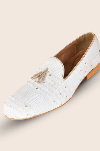 Tanny shoes men's fabric material all over embroidery white  slip on jutti