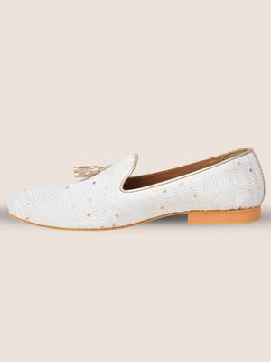 Tanny shoes men's fabric material all over embroidery white  slip on jutti 2
