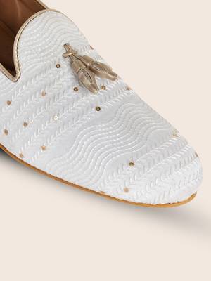 Tanny shoes men's fabric material all over embroidery white  slip on jutti 4