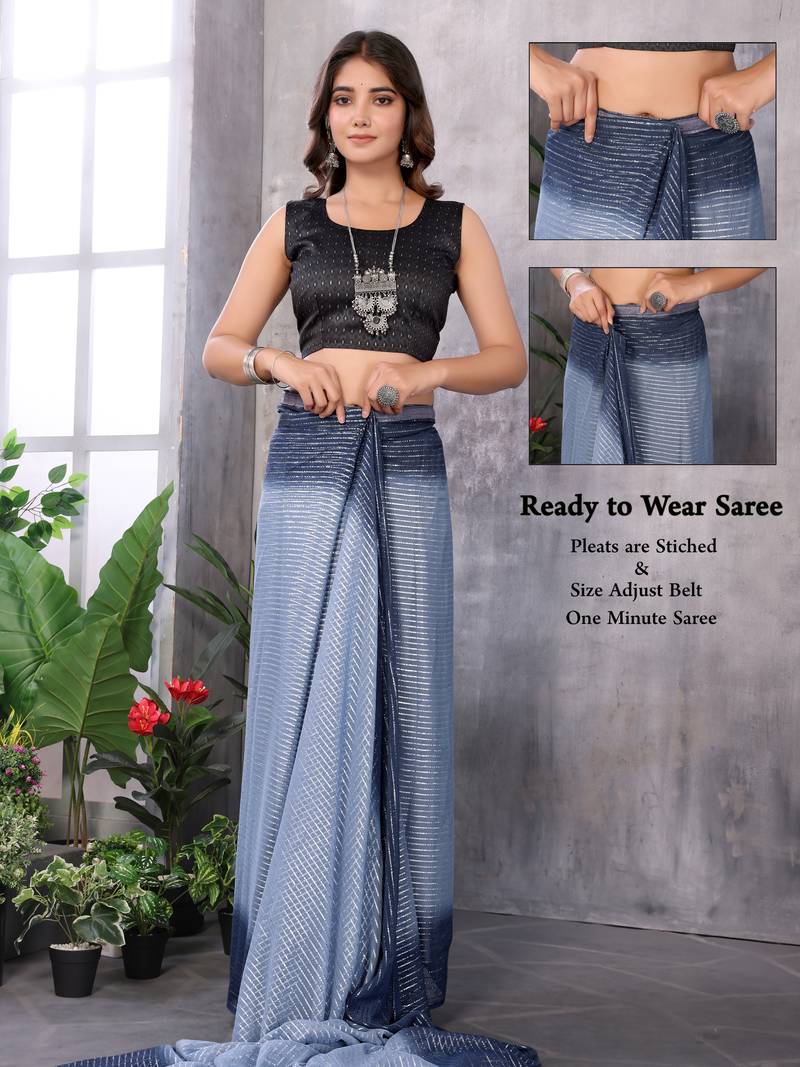 Grey Ready To Wear Mosum Georgette Jari Weaving Saree With Blouse