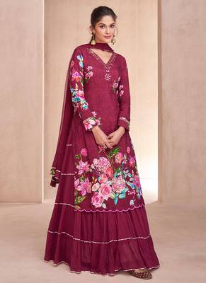 Plum embroidery floral printed semi-stitch lehnga style stright suit with dupatta 1