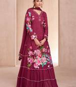 Plum embroidery floral printed semi-stitch lehnga style stright suit with dupatta