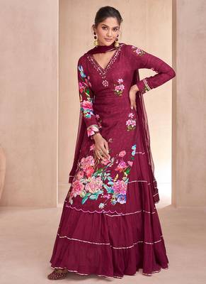 Plum embroidery floral printed semi-stitch lehnga style stright suit with dupatta 2