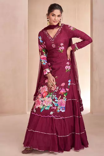 Plum embroidery floral printed semi-stitch lehnga style stright suit with dupatta