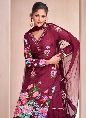 Plum embroidery floral printed semi-stitch lehnga style stright suit with dupatta 3
