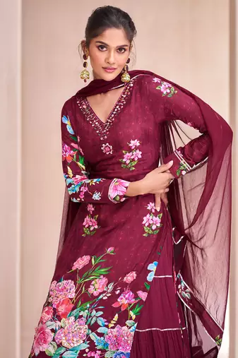 Plum embroidery floral printed semi-stitch lehnga style stright suit with dupatta