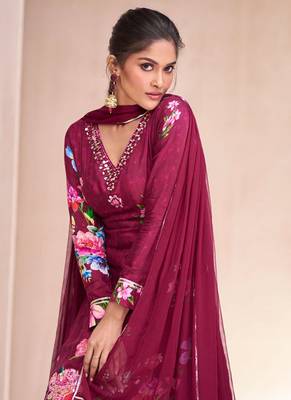Plum embroidery floral printed semi-stitch lehnga style stright suit with dupatta 4