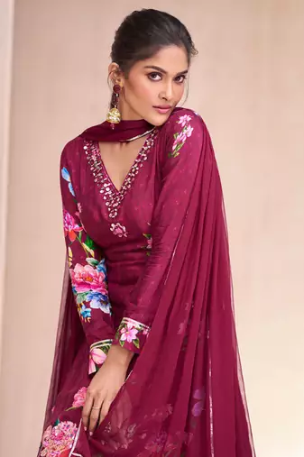 Plum embroidery floral printed semi-stitch lehnga style stright suit with dupatta