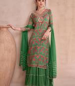 Green embroidery floral printed semi-stitch lehnga style stright suit with dupatta