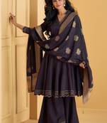 Dark purple embroidered silk flared semi-stitch palazzo suit with dupatta